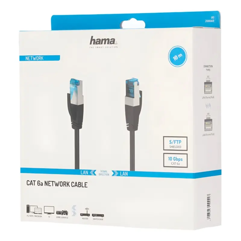Hama CAT6a Patch Cable, S/FTP Shielded, 10 Metres, Black