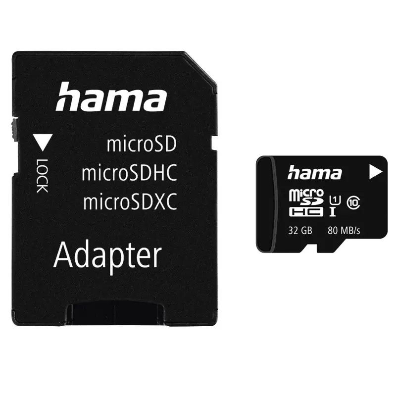 Hama 32GB MicroSDHC Card with SD Adapter, Class 10 UHS-I, Up to 80MB/s