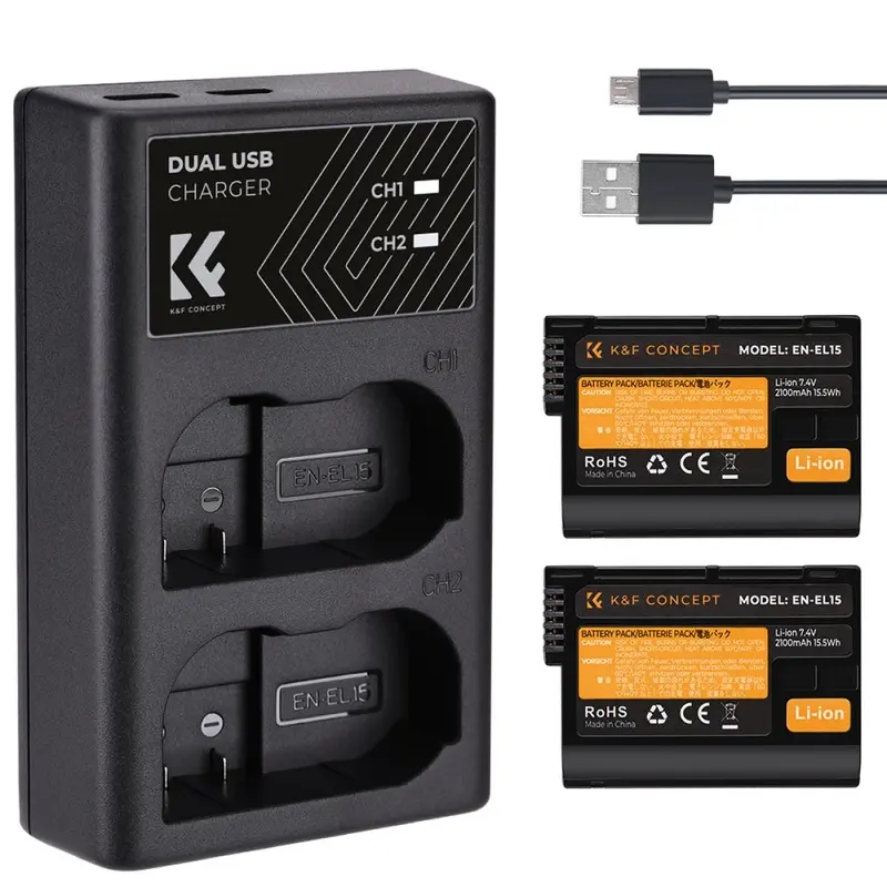 K&F Concept nikon EN-EL15 rechargeable battery 2-piece dual slot battery charger kit